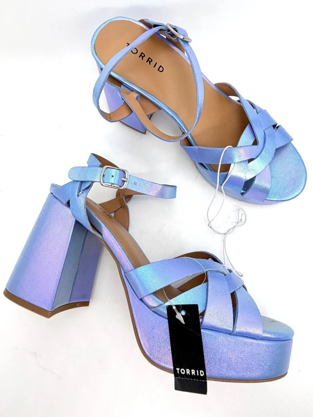 New Torrid Blue Iridescent Platform Flared Chunky Heel Sandal - Size 8WW